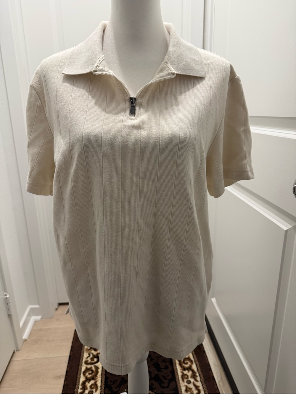 Christian Lacroix Men’s Large Ivory Rib Knit 1/4 Zip Polo Shirt Short Sleeve